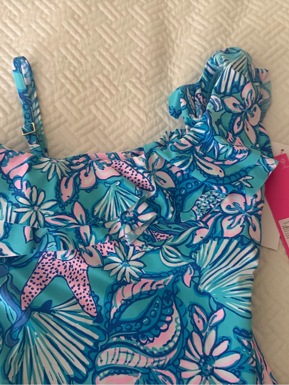 Lilly Pulitzer women’s Blue & Pink Ruffle One-Piece Swimsuit - Picture 2 of 5